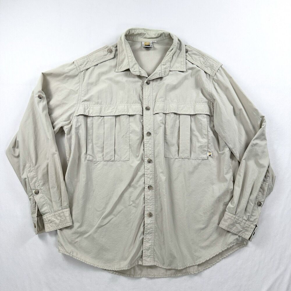 Solumbra Button Up Shirt Mens Medium Ivory Long Sleeve Roll Tab Fishing Outdoor